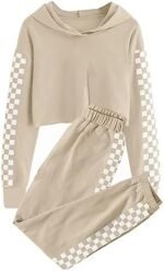 Meikulo Crop Tops for Teen Girls Hoodies Two Piece Outfits Tracksuit Activewear Kids Cute Long Sleeve Sweatshirts Sweatpants Beige, 9-10 Years: Clothing, Shoes & Jewelry