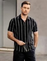 VATPAVE Mens Summer Striped Shirts Button Down Short Sleeve Vintage Beach Hawaiian Shirts with Pocket Large Black Fashion : Clothing, Shoes & Jewelry - Image 3