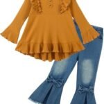 Auiopila Kids Toddler Girl Clothes Solid Color Ruffle Sleeve Top and Flare Jeans Pants 2Pcs Fall Winter Girl Outfits: Clothing, Shoes & Jewelry