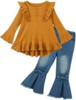 Auiopila Kids Toddler Girl Clothes Solid Color Ruffle Sleeve Top and Flare Jeans Pants 2Pcs Fall Winter Girl Outfits: Clothing, Shoes & Jewelry