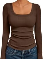 AUTOMET Womens Long Sleeve Shirts Square Neck Tops Ribbed Knit Basic Teen Girls Crop Tops Fall Outfits Fashion Clothes 2025 Brown L at Amazon Women’s Clothing store